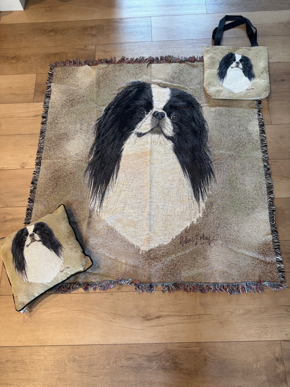 NWOT Japanese Chin Dog Portrait Blanket w/ Matching Tote + Pillow